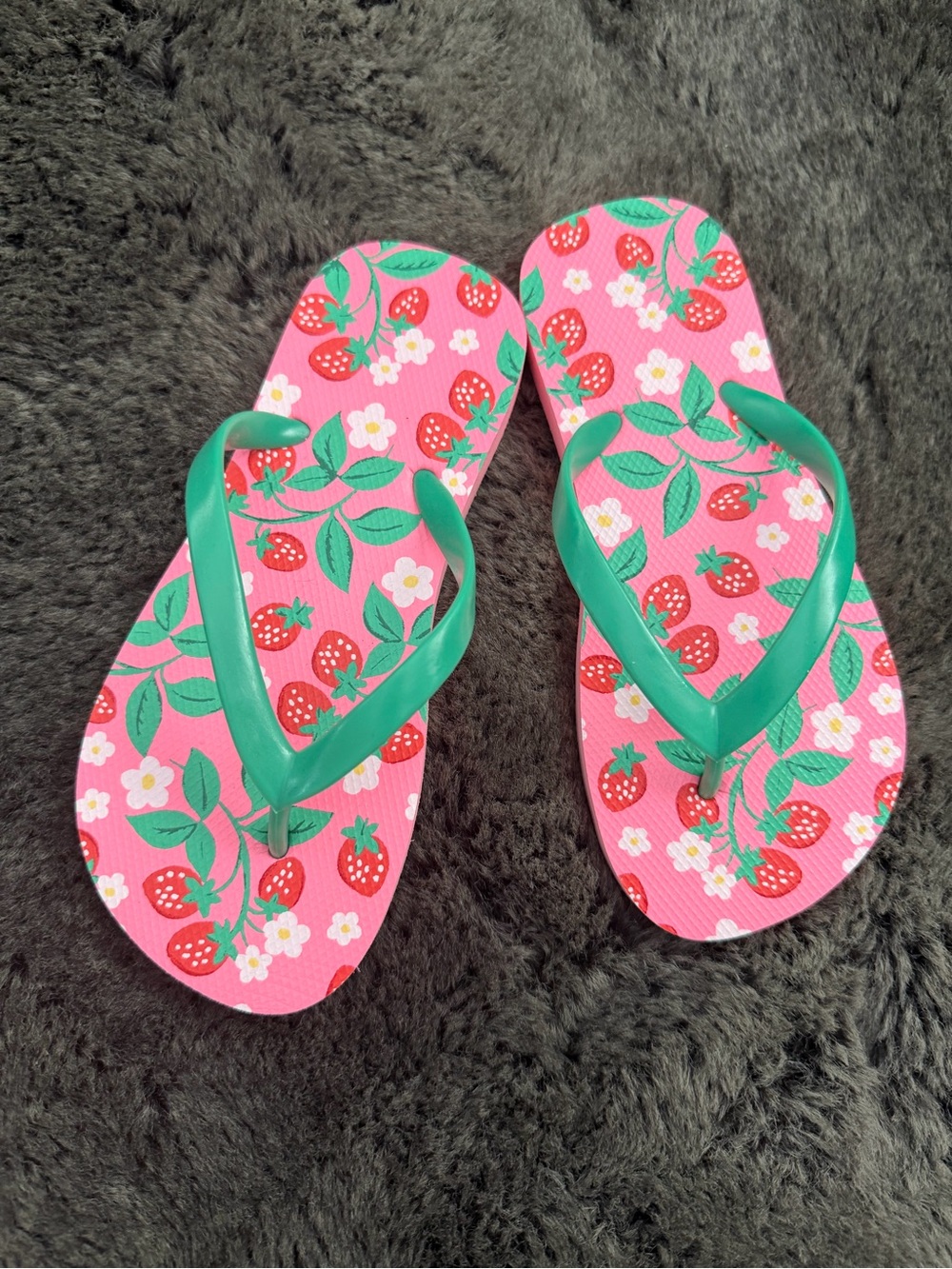 Old Navy Pink Strawberry Print Flip Flops with Green Straps